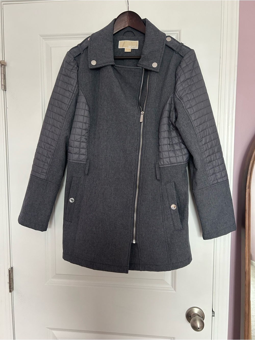 Michael Kors Charcoal Gray Quilted-Sleeve Pea Coat